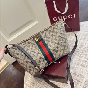 Gucci Beige GG Supreme Crossbody with Green-Red Web and Gold Hardware